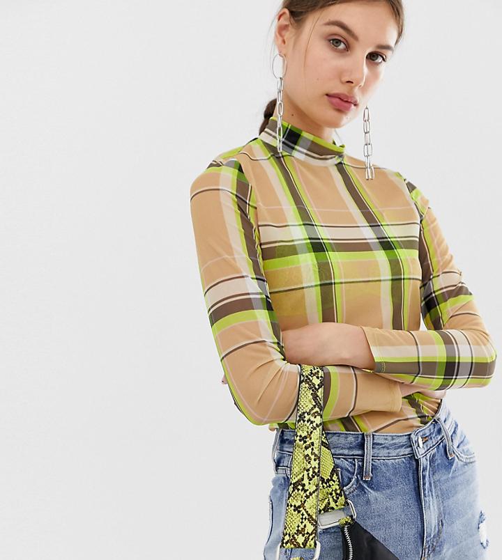 River Island Long Sleeve Mesh Top In Neon Check - Yellow