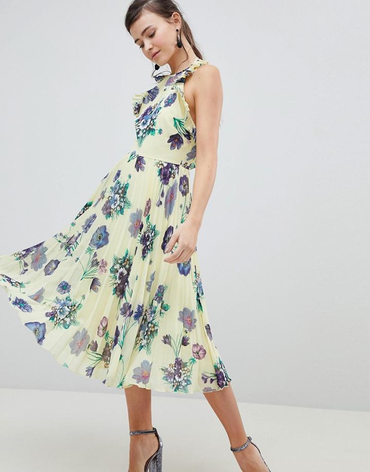 Asos Design Floral Pleated Midi Dress With Ruffle Open Back - Multi