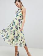 Asos Design Floral Pleated Midi Dress With Ruffle Open Back - Multi