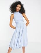 Closet London High Neck Pleated Midi Dress In Powder Blue