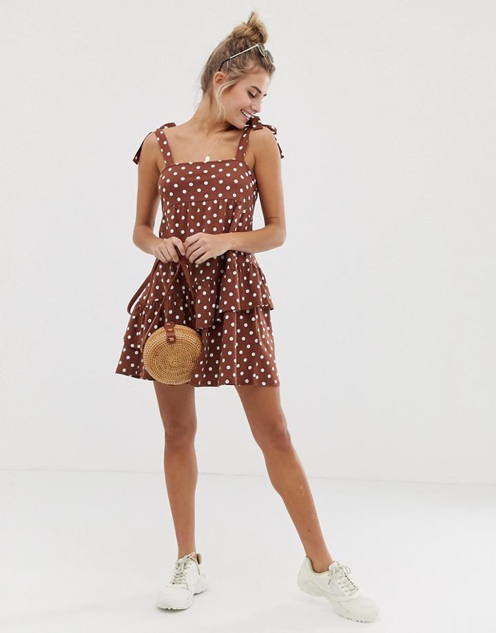 Asos Design Mini Smock Sundress In Brown Spot-multi
