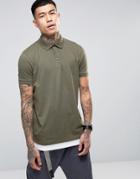 Asos Longline Polo Shirt With Hem Extender In Green And White - Multi