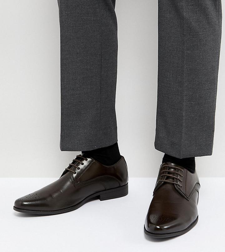 Asos Wide Fit Derby Brogue Shoes In Brown Faux Leather - Brown