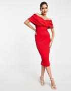 True Violet Off Shoulder Pencil Midi Dress In Red