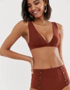 & Other Stories V-neck Bikini Top With Tortoiseshell Button Back Closures In Brown - Brown