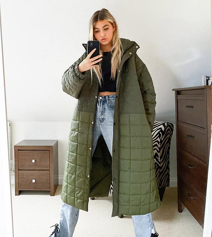 Collusion Mix Quilted Maxi Puffer Jacket In Green