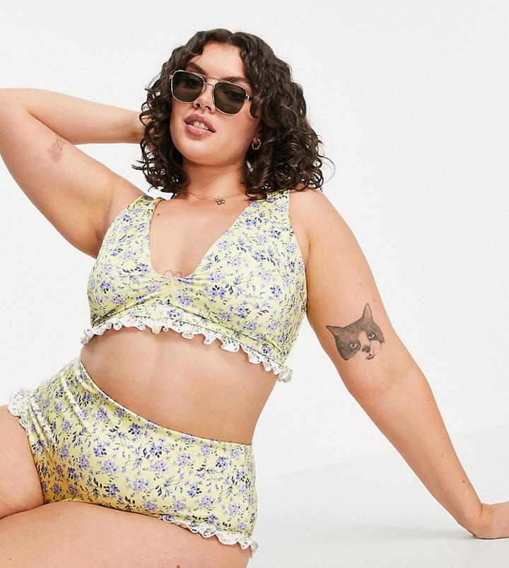 Asos Design Curve Frill High Waist Bikini Bottom In Mixed Floral Print-multi