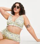 Asos Design Curve Frill High Waist Bikini Bottom In Mixed Floral Print-multi