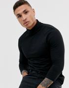 Asos Design T-shirt With 3/4 Sleeves And Roll Neck In Black - Black