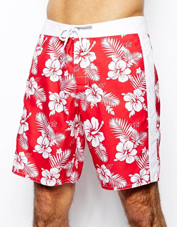 Asos Swim Short In Long Length With Hibiscus Print - Red