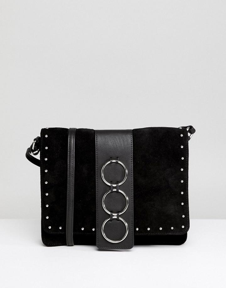 Asos Leather And Suede Ring Detail Soft Cross Body Bag - Black