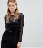 New Look Long Sleeve Fishnet Velvet Dress-black