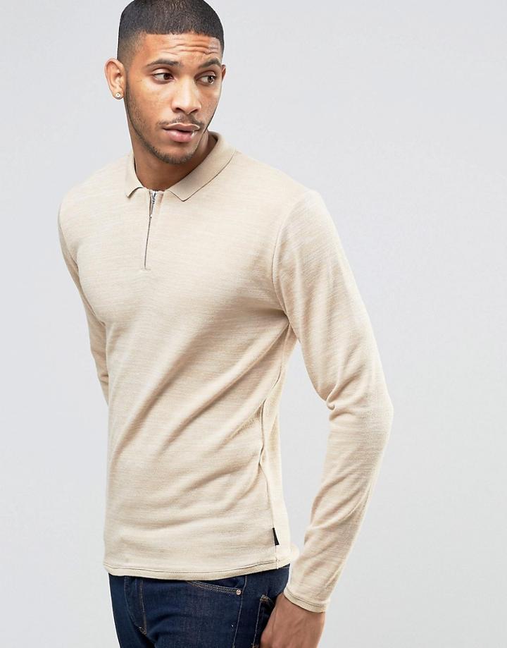 Bellfield Zip Detail Knitted Polo Sweater - Beige