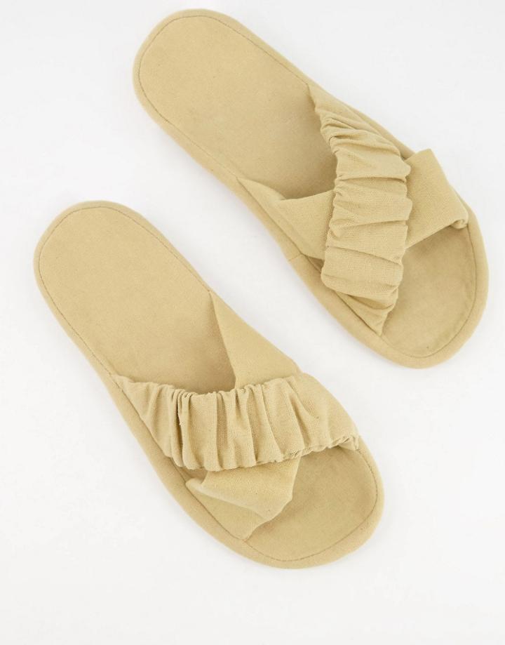 Asos Design Zelda Ruched Cross Strap Slippers In Natural-neutral