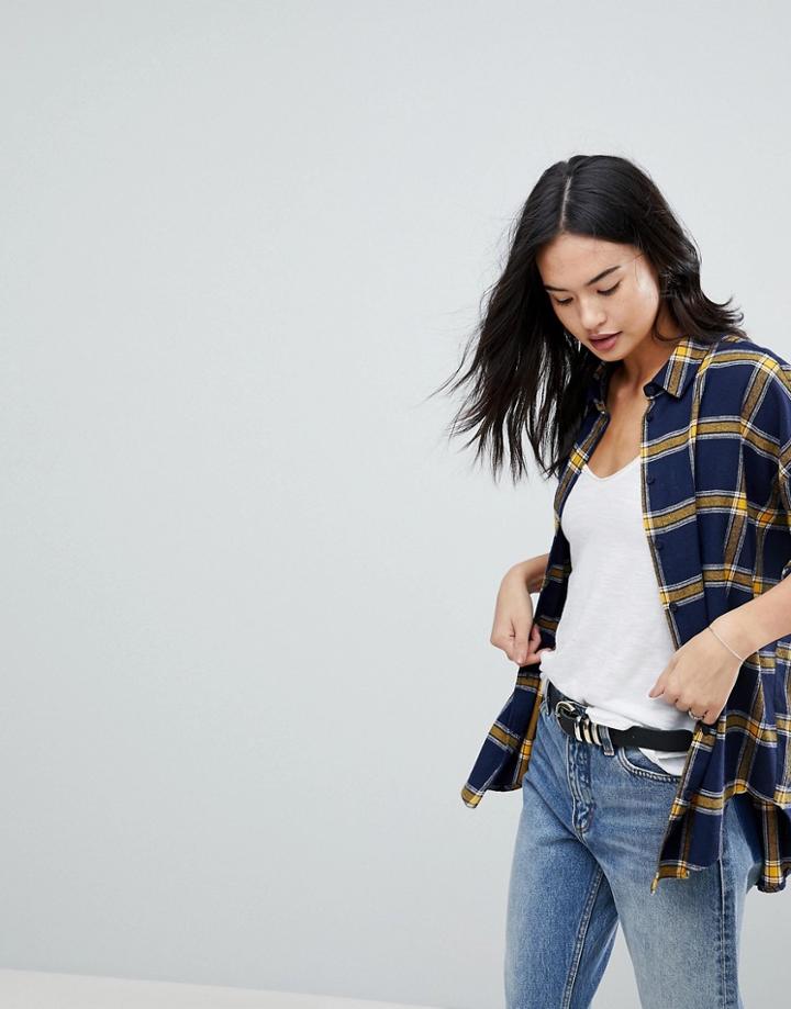 Asos Oversized Shirt In Navy & Yellow Check - Multi