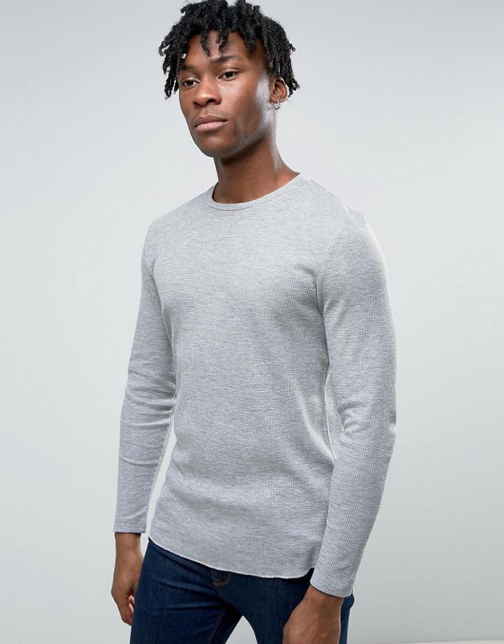Asos Muscle Long Sleeve Waffle T-shirt With Curved Hem - Gray