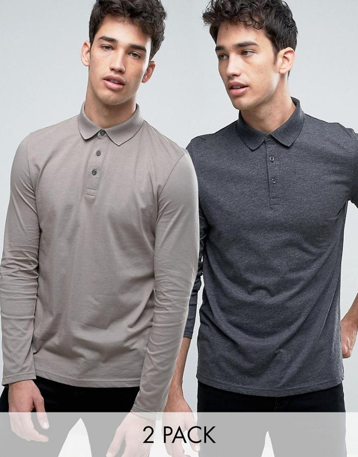 Asos 2 Pack Long Sleeve Jersey Polo In Gray/charcoal Marl Save - Multi