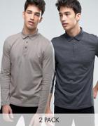 Asos 2 Pack Long Sleeve Jersey Polo In Gray/charcoal Marl Save - Multi