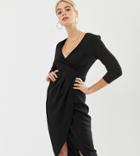 Asos Design Tall Midi Dress With Wrap Skirt - Black