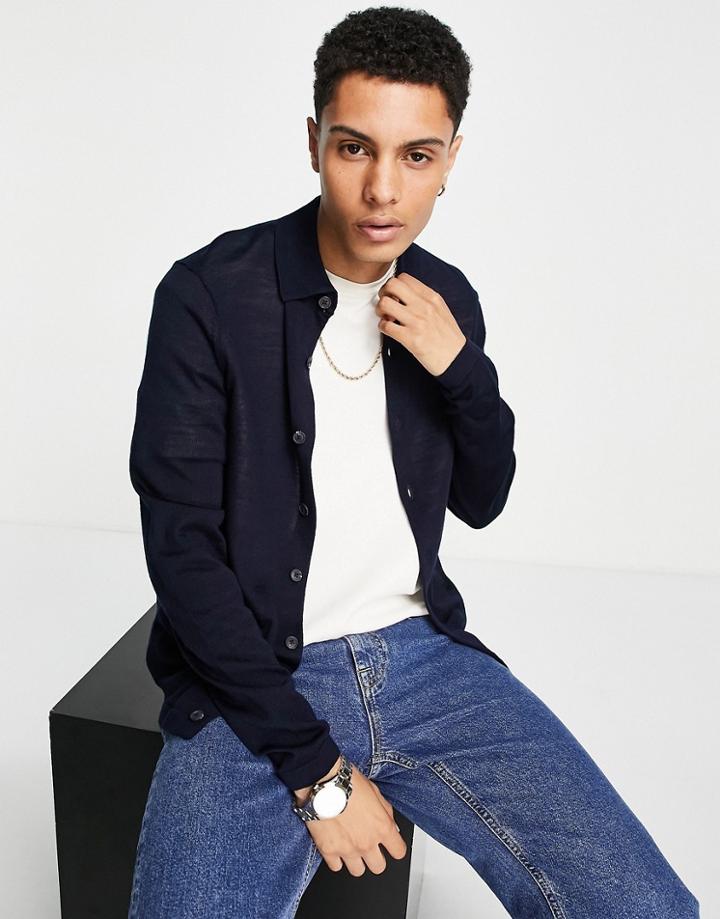 Selected Homme Collared Cardigan In Navy