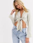 New Look Tie Front Shimmer Top In Silver