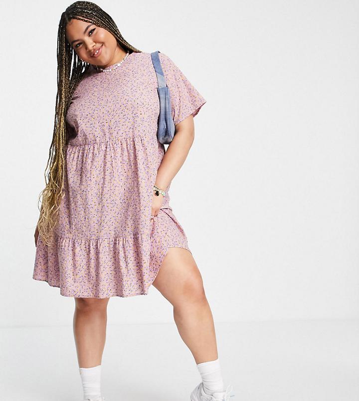 Pieces Curve Mini Smock Dress In Pink Ditsy Floral-multi