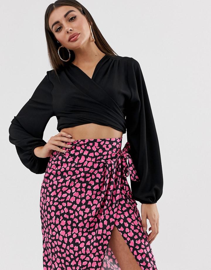 John Zack Wrap Front Tie Crop Top With Bell Sleeve In Black