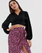 John Zack Wrap Front Tie Crop Top With Bell Sleeve In Black