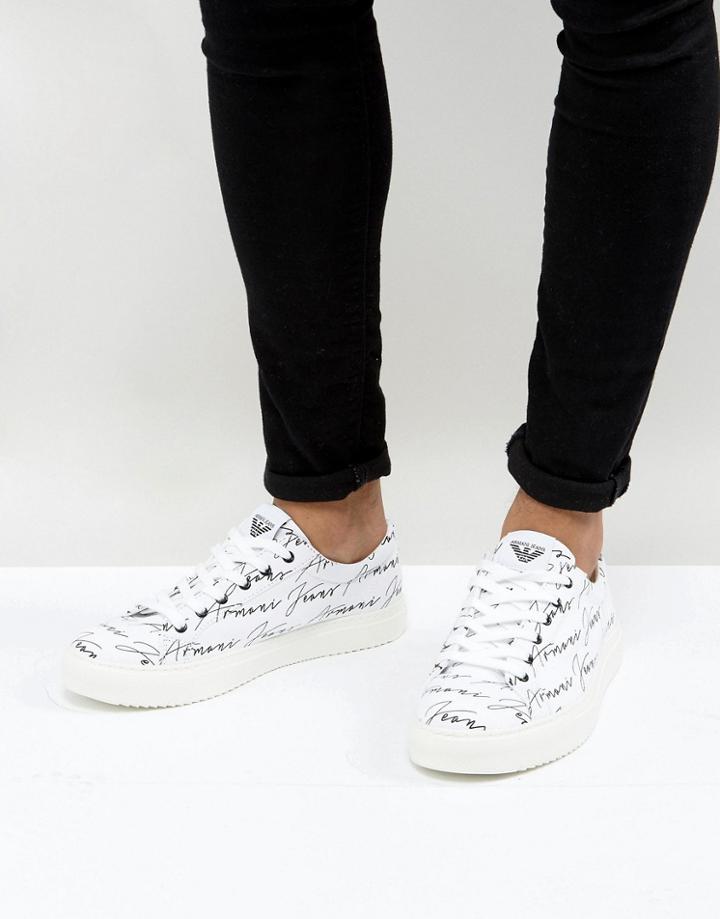 Armani Jeans All Over Logo Sneakers In White - White