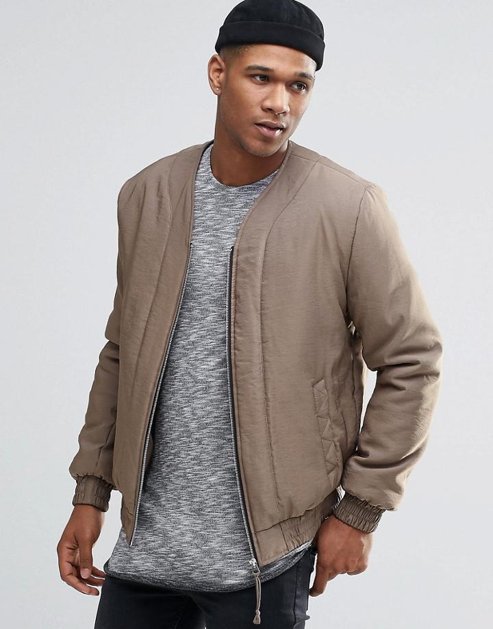 Asos Collarless Bomber Jacket In Light Gray - Light Gray