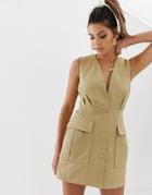 Skylar Rose Utility Mini Dress With Plunge Front-beige
