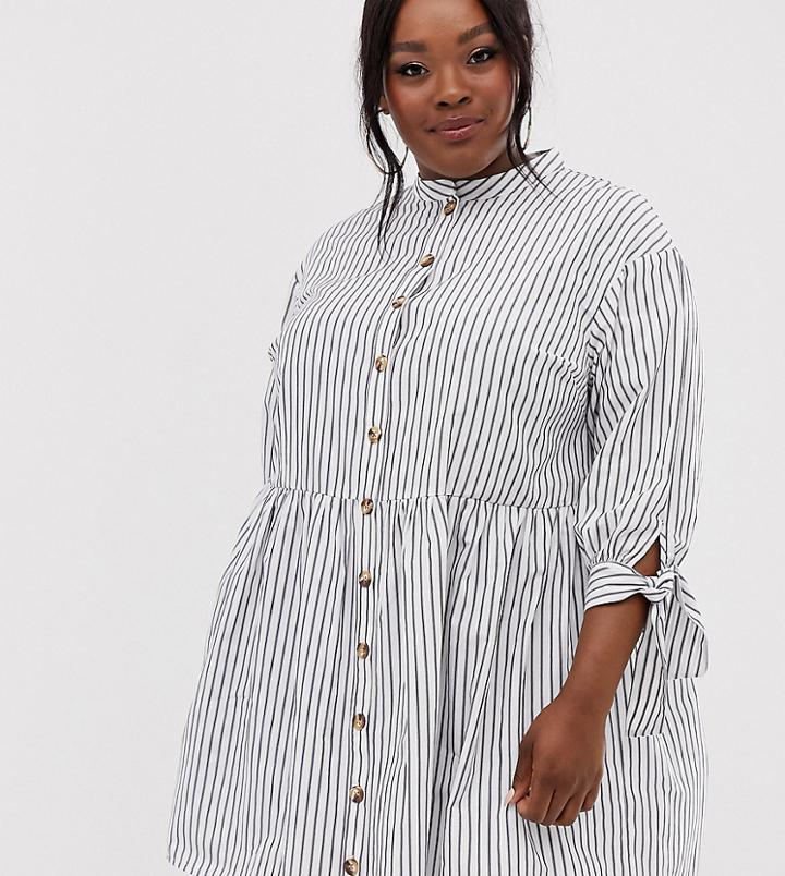 Asos Design Curve Grandad Collar Button Through Mini Smock Dress With Tie Sleeve In Stripe - White