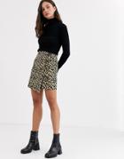 Asos Design Mini Wrap Skirt In Leopard Print With Button Detail-multi