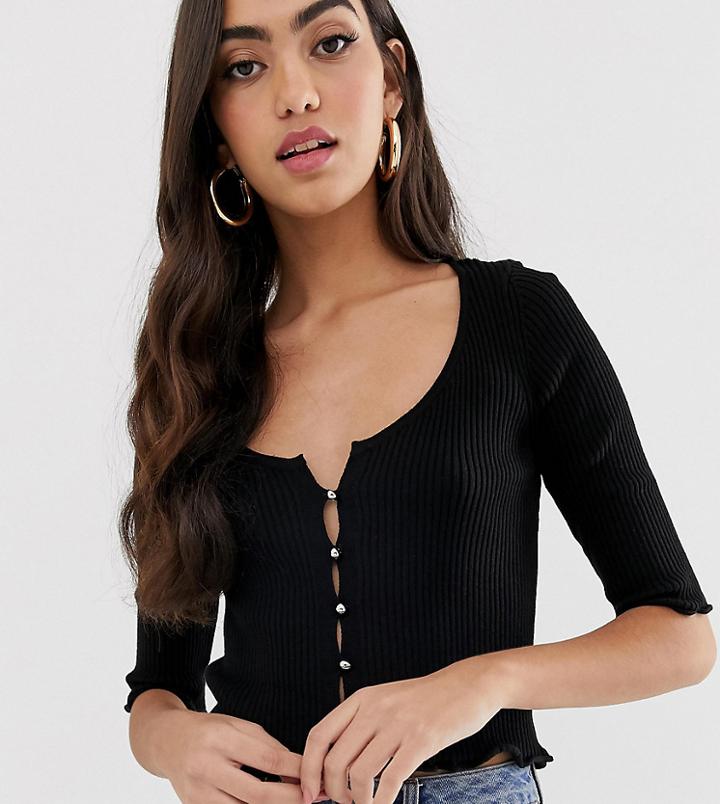 Asos Design Tall Short Sleeve Button Front Cardigan With Scoop Neck - Black