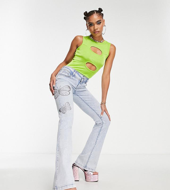 Asyou Skinny Puddle Jean With Butterfly Hot Fix In Bleach Blue
