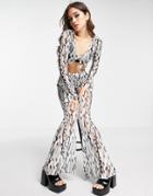 Wavey Flared Sheer Mesh Pants In Mono Print - Part Of A Set-multi