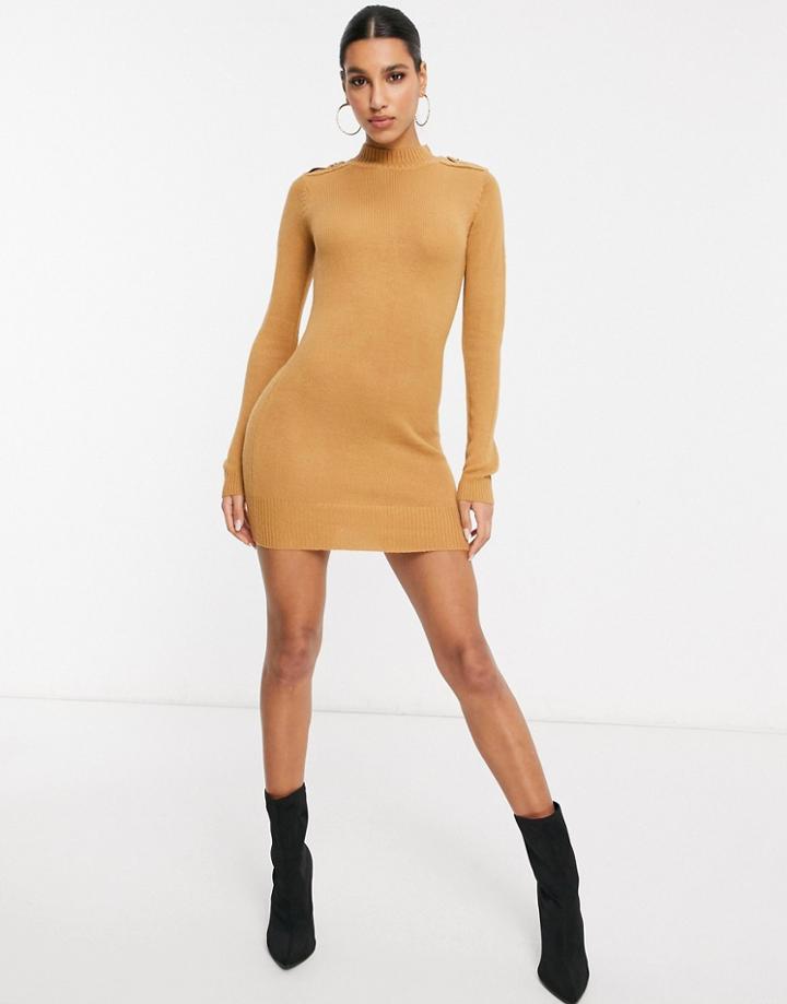 Brave Soul Military Sweater Dress In Camel-brown
