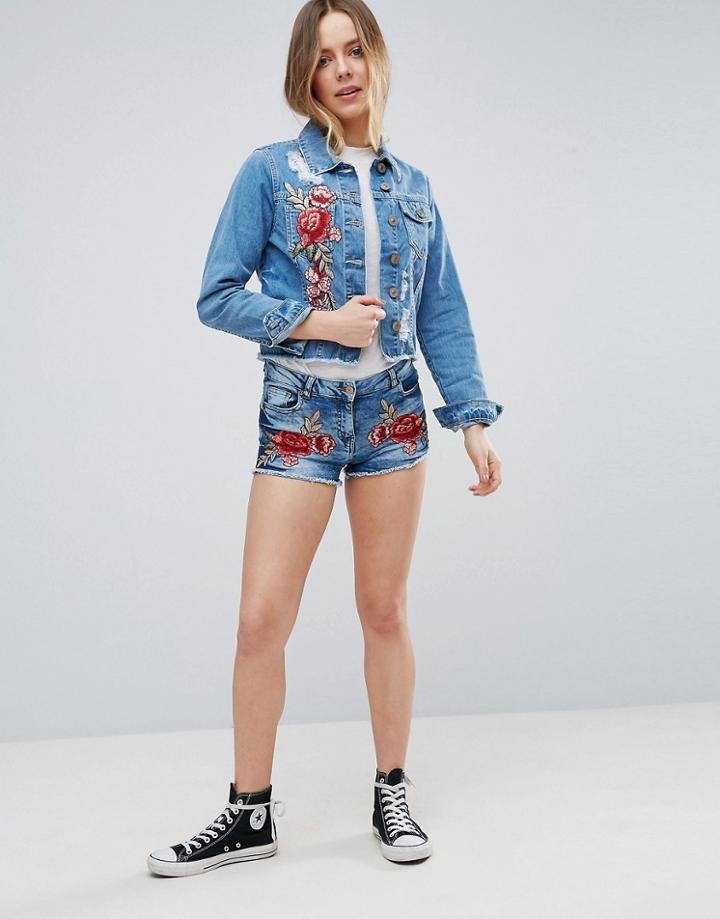 Parisian Rose Embroidered Denim Shorts - Blue