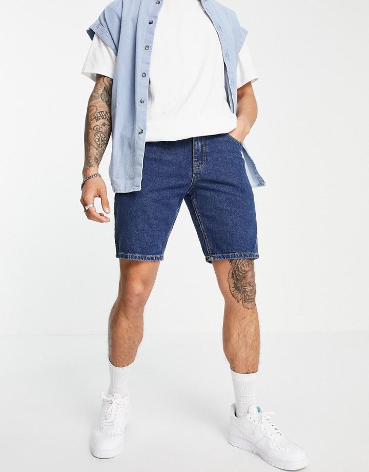 Asos Design Rigid Slim Denim Shorts In Dark Stone Wash Blue-blues