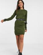 Brave Soul Grungy Crew Neck Sweater Dress In Green