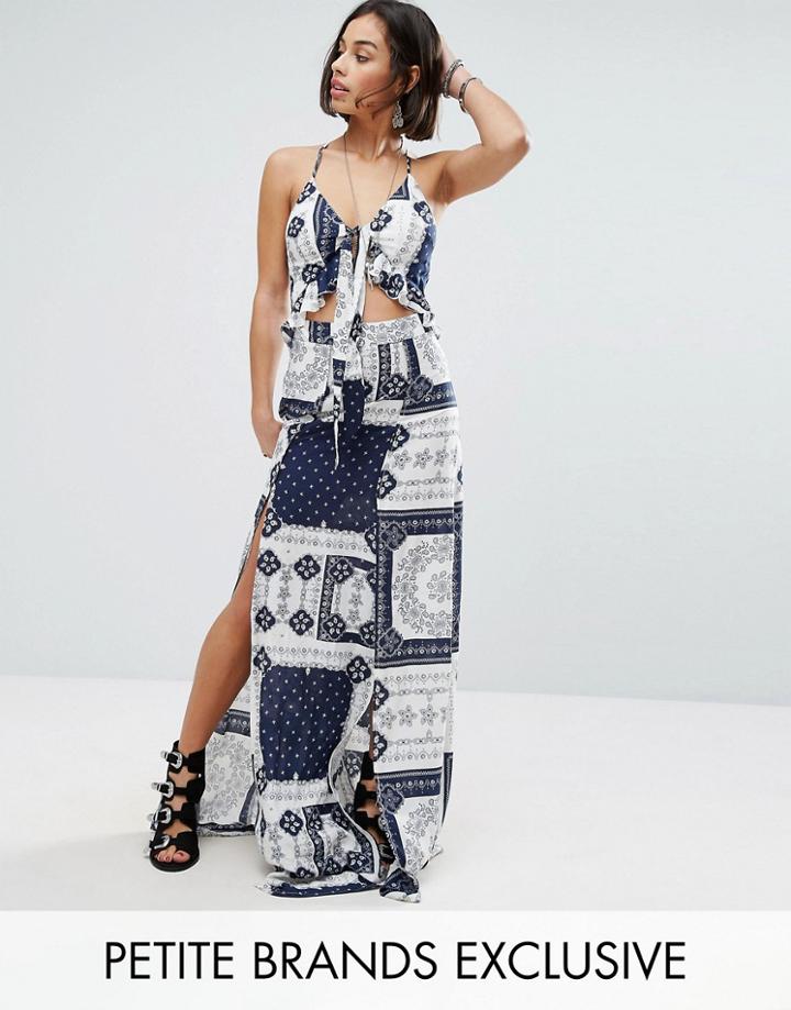 Sisters Of The Tribe Petite Printed Tie Front Maxi Dress With Double Thigh Split - Multi