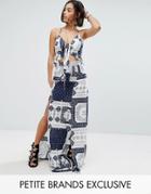 Sisters Of The Tribe Petite Printed Tie Front Maxi Dress With Double Thigh Split - Multi