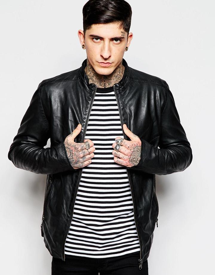 Lindbergh Leather Biker Jacket - Black