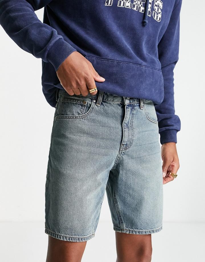 Asos Design Classic Rigid Denim Short In Tinted Mid Blue Wash