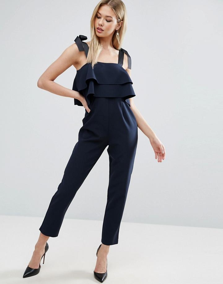 Asos Jumpsuit With Double Ruffle And Contrast Grosgrain Tie - Navy