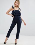 Asos Jumpsuit With Double Ruffle And Contrast Grosgrain Tie - Navy