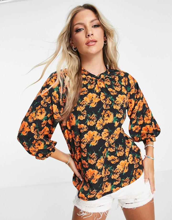 Jdy Cathy Blouse In Orange Floral Print-black