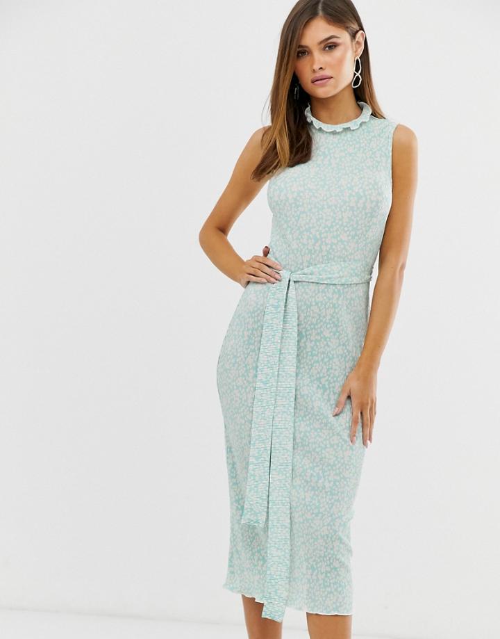 Asos Design Midi Ditsy Print Plisse Dress With Belt-multi