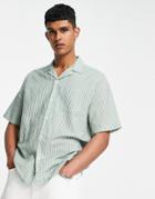 Asos Design Relaxed Revere Shirt In Sage Green Poplin Stripe