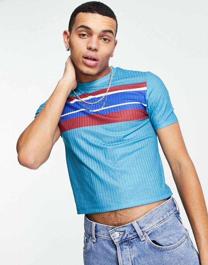 Asos Design Shrunken Fit Stripe T-shirt In Blue Rib